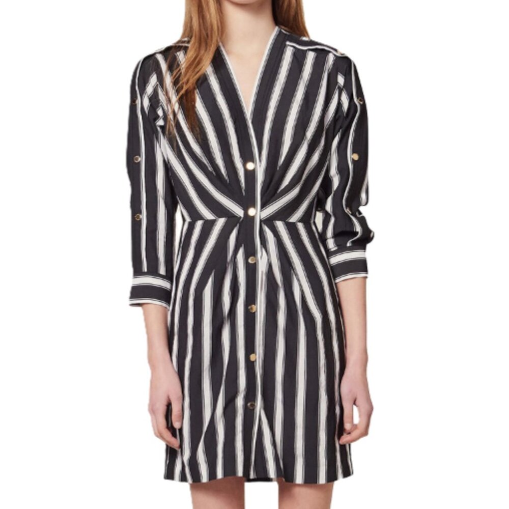 Sandro Paris Camelia Striped Shirt Dress Black & White Gold Snap Buttons Size 4